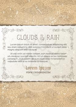 Sketch of clouds and rain on old paper background. Hand-drawn swirls, spirals, drops and curls. There is copy space for your text on paper in front of pattern.