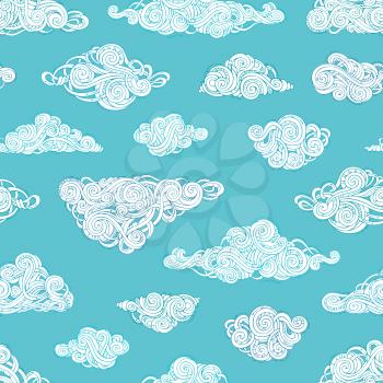 White ornate clouds on blue background. Doodles boundless weather background.