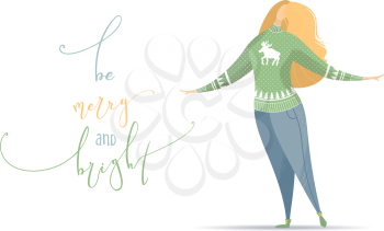 Flat illustration of woman in jeans and green Christmas sweater with moose. Vector holiday card template. Hand-written lettering.