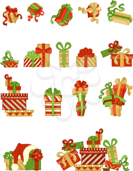 One, two and more presents. A heap of gift boxes. Hand-drawn icons isolated on white background.