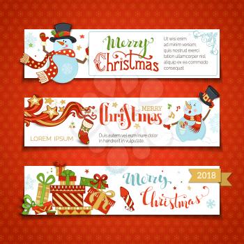Cartoon snowman and gift boxes, firework, Christmas sock, swirls, snowflakes and stars. Snowman is singing. Copy space for your text.