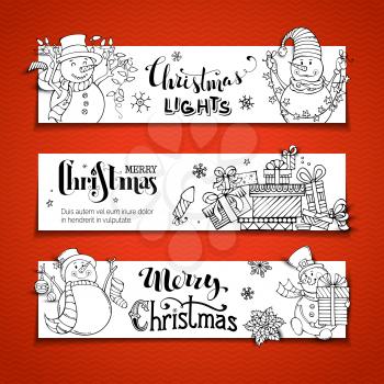 Cute hand-drawn snowmen with Christmas lights, baubles and sock, gift boxes, snowflakes and stars. Black and white backgrounds. Copy space for text.