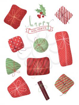 Happy holidays design elements. Mistletoe branch. Red and green grunge illustration.