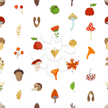 Cartoon maple seed, apple, tree branch, autumn leaf, mushroom, fir-cone, flower, acorn and chestnut on white background. Bright boundless background for your design.