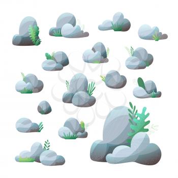 Grey rocks with grass and leaves isolated on white background. Flat illustration with modern noise texture, lights and shadows.