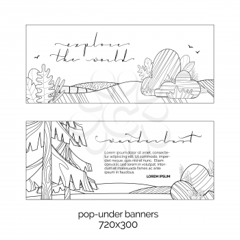 Pine, firs, stones and grass. Horizontal nature landscapes. Doodles duotone templates. Copy space for your text. Can be used for a coloring book for adults.