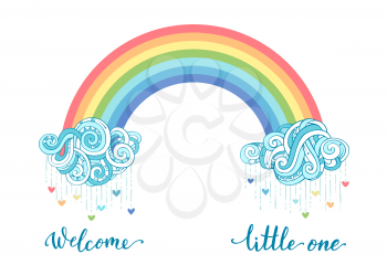 Clouds, colourful hearts and rainbow on white background. Hand-written brush lettering. Vector illustration.