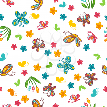 Flowers and butterflies on a white. Bright boundless background for your design.