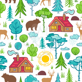 House in the woods, trees and bushes, wild animals (deer, bear, hedgehog). Bright boundless background for your nature design.