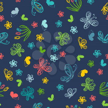 Flowers and butterflies on dark blue background. Bright boundless background for your summer design.