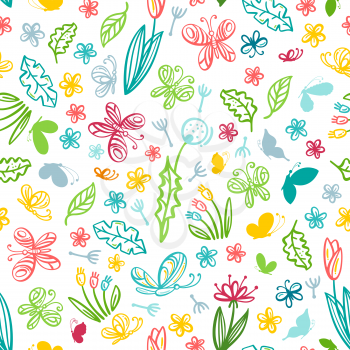 Outlined flowers, leaves and butterflies on a white. Bright boundless background for your design.