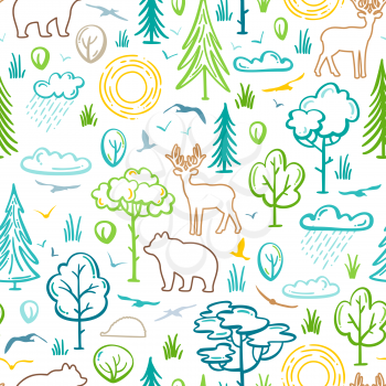 Contours of trees and bushes, sun and clouds, wild animals. Deer, bear, hedgehog among the trees. Bright boundless background for your summer design.