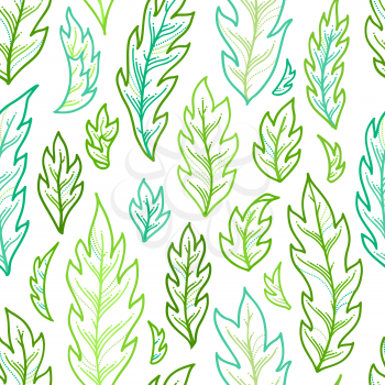 Outline green and blue pinnate leaves on white background. Bright summer boundless background. Tileable design element.