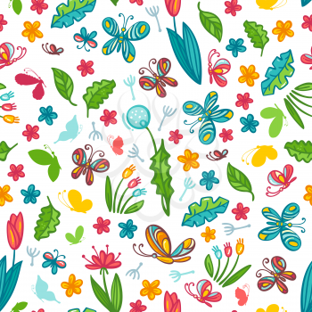 Flowers, leaves and butterflies on a white. Bright boundless background for your design.