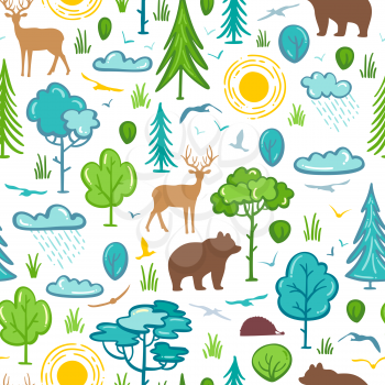 Trees and bushes, sun and clouds, wild animals (deer, bear, hedgehog). Bright boundless background for your summer design.