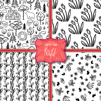 Linear house in the woods, trees and bushes, wild deer, bear, hedgehog, flowers and butterflies. Black and white boundless backgrounds for your design.