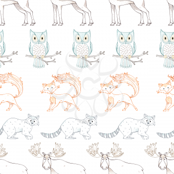 Colored contours of moose, fox, raccoon and owl in cartoon style. Boundless background for your design.
