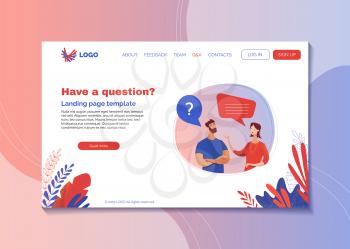 Company helpline landing page flat vector template. Customer and call center worker cartoon characters with speech bubbles. Client support, helpdesk webpage interface with text space