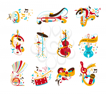 Festive musical instruments flat vector illustrations set. Electric guitar, drums with confetti and serpentine. Modern headphones, vintage microphone isolated cliparts. Jazz concert, music party