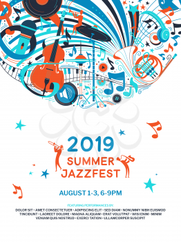 Summer jazz festival announcement poster flat template. Retro music fest web banner with text space. Microphone, cello, french horn musical instruments doodle drawing. Blues concert flyer
