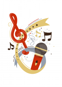 Microphone and music notes flat vector illustration. Song contest, vocal show. Singer, stand up artist performance. Professional retro mic, melody, tune isolated clipart. Recording studio logo