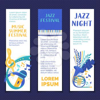 Music summer festival vector hand drawn banners template set. Jazz night, rock concert poster with lettering. Singing into microphone cartoon sketch. Colorful evening performance flyer with copyspace
