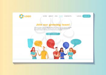 Recruiting company landing page vector template. Human resources department website layout with text space. Job search, headhunting webpage. Group of applicants, candidates chat. Join our team slogan