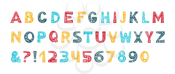 Christmas alphabet vector color typeset. Uppercase letters with winter season decorative linear ornaments. Numbers and symbols with xmas holiday doodles set. New Year celebration creative font