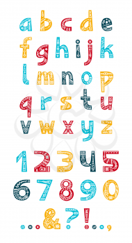 Christmas ornaments alphabet vector typeset. Lowercase letters and punctuation marks with winter season linear patterns. Numbers and symbols with xmas doodles set. New Year creative font
