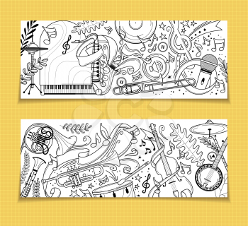 Musical instruments outline vintage backgrounds set. Grand piano, trumpet, flute doodle drawing. Trumpet, violin, drums vector line art. Jazz festival, blues concert retro style backdrops pack