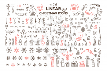 Winter holidays decoration vector linear illustrations set. Christmas season symbols. Black and red contour icons pack on white background. Snowflake, present isolated cliparts. New Year festive decor
