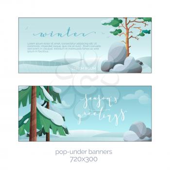 Winter season greetings flat vector banner templates set. Decorative snow covered firs, pines, stones. New Year celebration greeting card with text space. Christmas holiday postcard with lettering