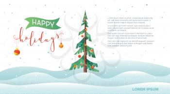 Happy winter holidays vector banner template. Cute New Year celebration lettering with decorative baubles. Christmas holiday greeting card with text space. December events poster layout