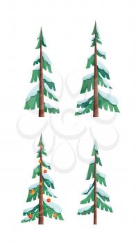 Snow covered trees flat vector illustrations set. Evergreen firs and spruces isolated on white background. Christmas tree decorated with garlands, toys, baubles. Winter season festival flora cliparts