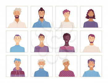 Men face icons set. Flat vector portraits of various nationalities. Caucasian, Afro-American, Asian. Blonde, brunette, and gray hair. Young and aged. Cartoon avatars for account, game, or forum.