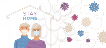 Stay home concept with aged couple wearing medical masks. Coronavirus protection and prevention social media campaign. Self-isolation and quarantine cartoon illustration. Fears of getting coronavirus