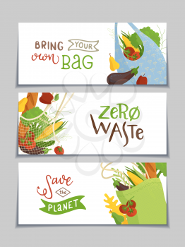 Recyclable packages vector banners set. Reusable bag with vegetables and fruits flat illustrations. Healthy nutrition in packs isolated on white background. Products in eco handbags