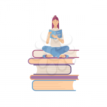 Young smiling woman reading book while sitting on stack of giant books. Student studying vector illustration. Girl relaxing with book isolated on white background. Literature hobby and happy lifestyle