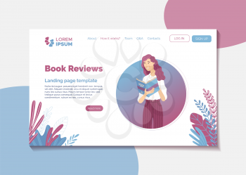 Book reviews landing page template in cartoon style. Web banner with young smiling woman reading book vector illustration. Literary club or online magazine blog, bookstore review post design.