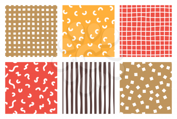 Set of abstract hand drawn color seamless patterns. Fabric flaps, textile patches collection. Red, brown and yellow backgrounds irregular geometric shapes. Hand drawn lines, squares, memphis backdrops