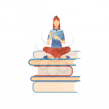 Woman sitting on books pile and reading a book. Student studing and preparing for exam. Flat vector illustration. Young girl is book lover and literature fan. E-learning or self education concept