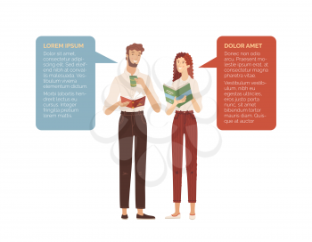 Young man and woman enjoying with books and cup of coffee together. Vector composition with smiling friends and speech bubbles in cartoon style. Coffee break and relaxing with book.