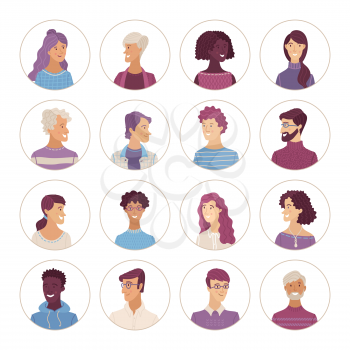 Happy multicultural students avatars set. Smiling adult men and women profile pictures. Cute diverse human face icons for representing person vector illustration. User pic for web forum or account.