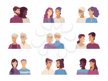 Young and aged couple portraits. Multicultural men and women are together. Diverse people flat vector illustration. Isolated on white background. 
