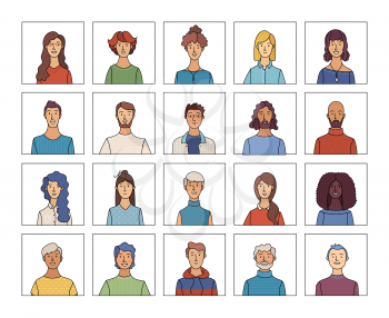 People icons set. Flat vector faces of diverse nationalities in circles. Blonde, brunette, red, and grey hair. Young, adult, and aged men and women. Vector cartoon avatars for account, game, or forum