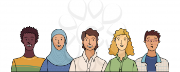 Multicultural group of happy people. Smiling adult men and women standing in row together. International community concept with diverse students vector illustration. Cultural and religion equality.