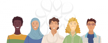 Group portrait of diverse people. Smiling men and women standing together. Web banner with happy students or work team. Flat cartoon vector multi-ethnic poster. Caucasian, African, Muslim
