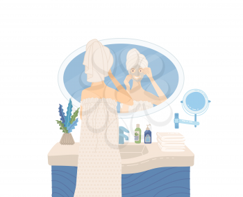 Woman after bath wearing towel and looking at mirror. She applying beauty mask to clearing her skin. Flat vector illustration. Female cartoon character. 