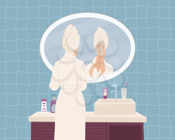 Young woman with beauty mask in bathroom. Cute girl wearing bathrobe looking at her reflection in mirror. Cartoon female narcissism, vanity, egotism, and love of self.  Flat vector illustration
