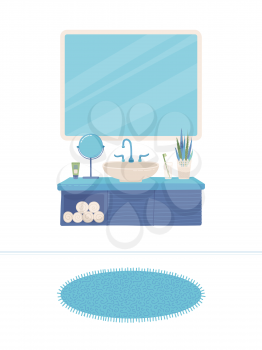 Cartoon bathroom interior background. Sink, faucet, mirror, closet, home decorations, flower, towels, toothbrush, carpet, and hygiene items. Flat colorful vector illustration. White background